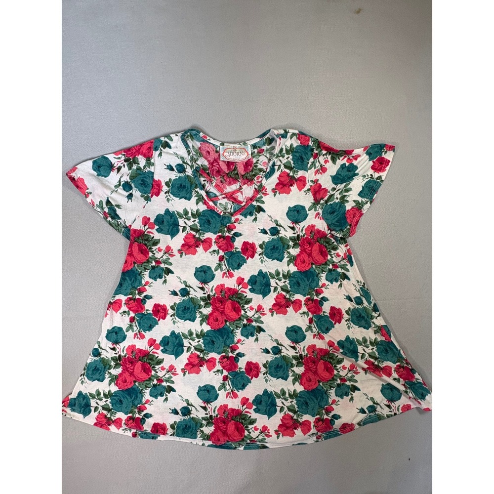Vintage Adornit Boutique Floral Tunic Top Pink Teal Rose V-Neck Plus Size 1X